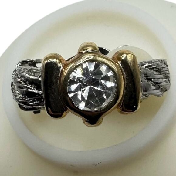 Vintage Rhinestone Gold and Silver Tone Clip-On Earrings with Clear Stones - Picture 3 of 6